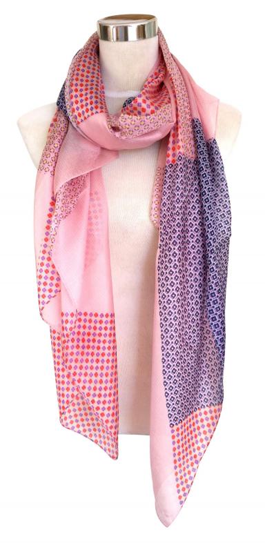 Scarf 100% Silk Paj Points Dots Red Pink Blue